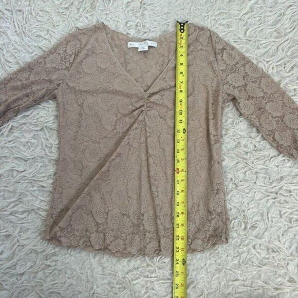 Bettie Page Retro Pin-up Nude Beige Floral Lace Blouse Sheer Back Top Large - Picture 6 of 11